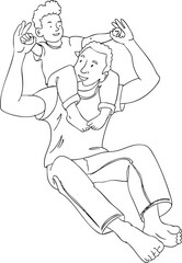 A child is sitting on their dad's shoulders. Vector illustration. Black and white illustration.