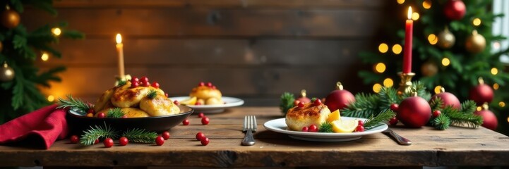 Rustic wooden table, Christmas dinner setting, empty space , ribbon, xmas, food