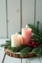 Scented candles, festive fir, snowy white wood , background, hygge, holiday background