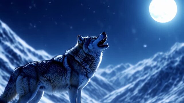A wolf howling at the full moon in a snowy mountain landscape under a starry night sky.