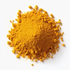 A small pile of vibrant, golden-yellow turmeric powder sits on a plain white background, showcasing its fine texture and earthy hue