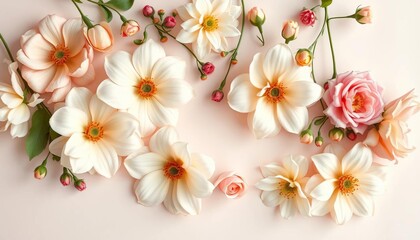 Creamy blooms artfully arranged on a soft, light background,  studio shot,  pastel