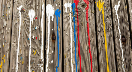 Colorful Paint Drips On Weathered Wooden Surface