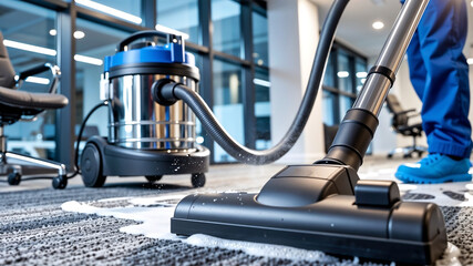 Industrial vacuum cleaner used by professional cleaners on office carpet. Expert rug care in office environment. Concept of commercial cleaning service, expert maintenance, office sanitation