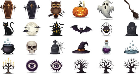 Collection of halloween icons featuring coffin, owl, pumpkin, ghost, broom, cat, moon, haunted house, and more