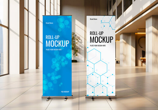 Two Roll Up Banner Mockups in Modern Lobby