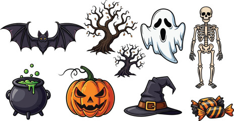 Obraz premium Halloween elements set collection of spooky symbols for holiday celebration, including pumpkin, bat, ghost, skeleton