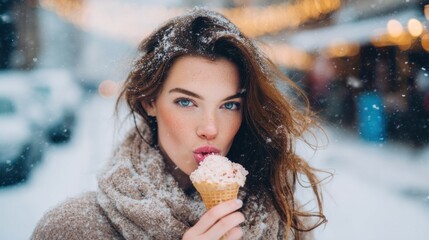 On a snowy day, a beautiful brunette woman licking ice cream from a cone on the street