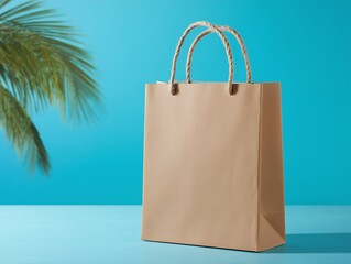 南国の背景に置かれたショッピング用の紙袋のシンプルなイメージ