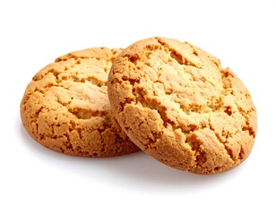 Two golden brown cookies on a white background