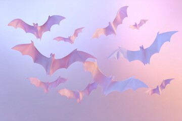 Obraz premium 3D render of pastel bat silhouettes flying against soft gradient background