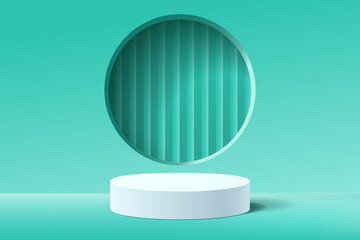 Empty 3d white round podium with blue green mint abstract geometric shape background