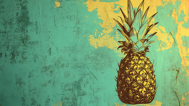Artistic golden pineapple illustration on a distressed turquoise grunge background. Vintage hand drawn tropical fruit design with copy space
