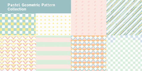 Collection of eight different pastel geometric seamless patterns with soft colors