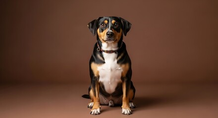 Dog Sitting Inside Minimal Studio with Smooth Beige Surface
