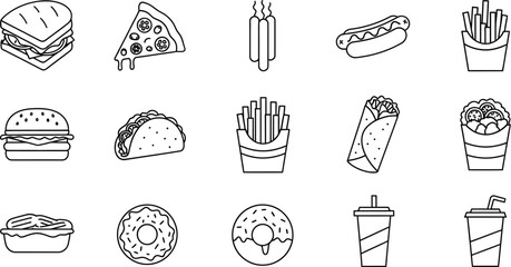 Collection of various fast food items, including sandwich, pizza, hotdog, fries, burger, taco, burrito