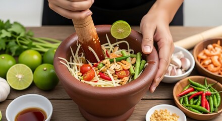 Food preparation of Som Tam with crushed peanuts garnish
