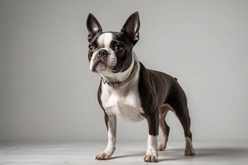 Full Body Shot of Boston Terrier Dog Standing Indoors