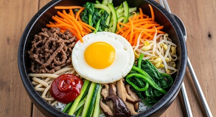 Korean Bibimbap Rice Bowl Served With Spicy Red Sauce