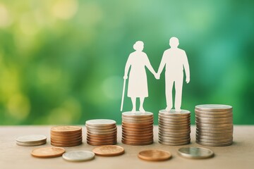 Elderly couple paper cutouts holding hands represent a dedicated retirement investment journey, showing financial growth and secure planning for a bright future against a soft green background