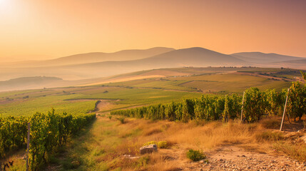 Fototapeta premium A picturesque vineyard bathed in golden sunlight, portraying tranquility and natural harmony.