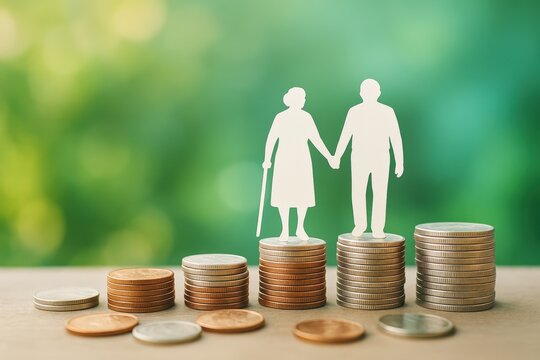 Elderly couple paper cutouts holding hands represent a dedicated retirement investment journey, showing financial growth and secure planning for a bright future against a soft green background