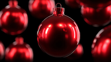 Fototapeta premium Elegant wallpaper with red Christmas globes hanging against black background