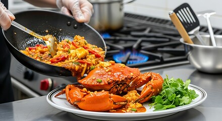 Preparing chili crab with spicy chili garlic sauce mixture