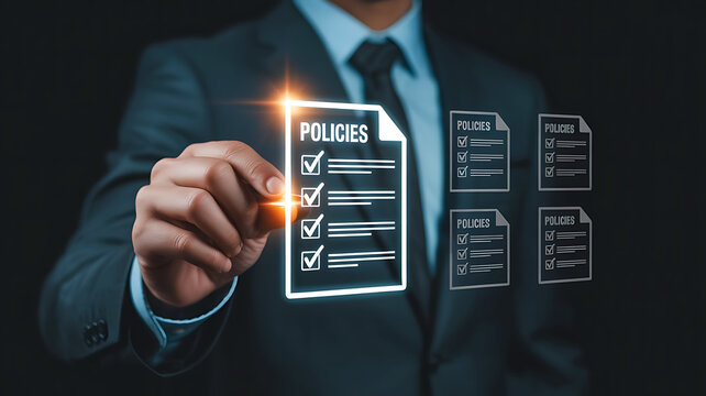 Businessman reviewing and checking off items on a glowing digital list of policies and procedures on a dark background