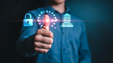 Man giving a thumbs up with digital security and building icons symbolizing protection and real estate investment
