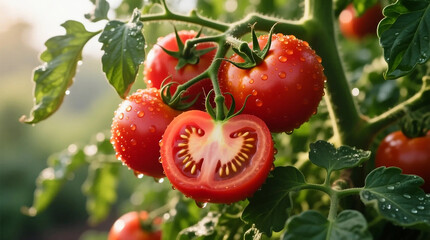 Ripe tomatoes growing on the vine in a lush garden setting, showcasing vibrant red fruit among green leaves