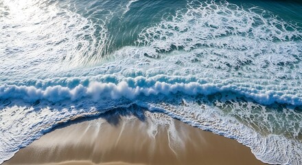 Tropical Aerial Ocean Waves With White Foam And Sand