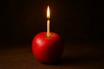 Apple topped with a glowing candle, celebrating a unique birthday concept.