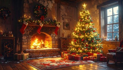 Cozy Christmas Interior with Glowing Fireplace Decorated Tree Stockings and Warm Lighting Creates Festive Holiday Atmosphere in Vintage Room