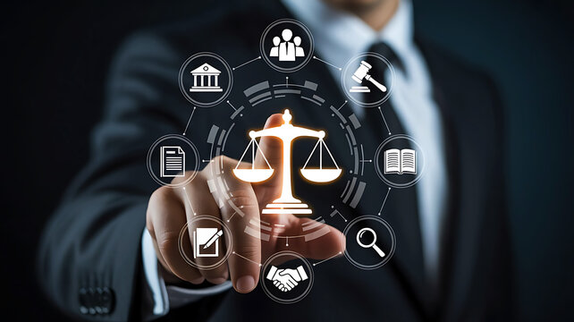 Lawyer touching digital interface with legal icons representing justice and law services