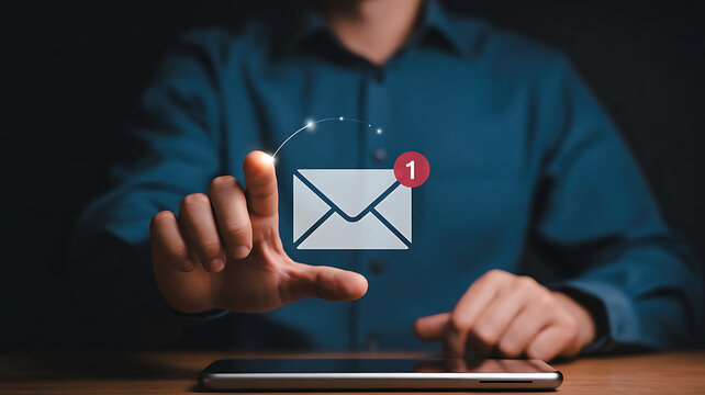 Man s hand touching a digital envelope icon with a notification badge on a smartphone screen symbolizing communication and new messages