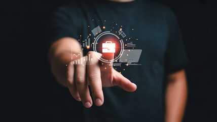 Person touching a glowing digital padlock icon with a computer screen in the background symbolizing cybersecurity and data protection