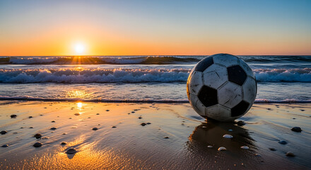 Stunning sunrise casts golden light on a soccer ball at the beach, perfect for inspiring sports campaigns and promoting active beach lifestyles