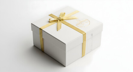 Fototapeta premium Elegant white gift box tied with golden ribbon, perfect for Diwali celebrations, luxurious presentation for special occasions and festive gifting season