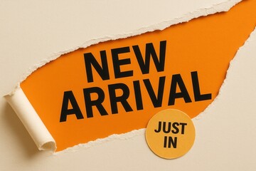 New arrival and just in announcement banner, vibrant style, enticing retail promotion offer.