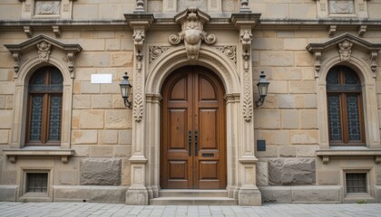 A historic building facade featuring ornate stonework and a large wooden door. Two decorative lanterns flank the entrance, with arched windows above.