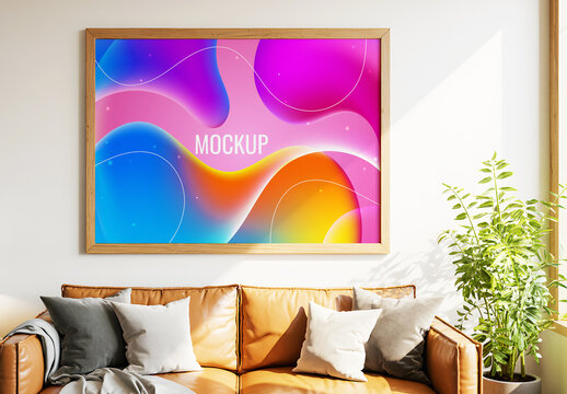 Horizontal Wooden Frame Mockup in Modern Living Room