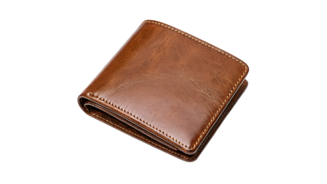 Brown leather wallet with visible stitching detail and a soft shine, perfect for everyday use or gifting isolated on transparent background