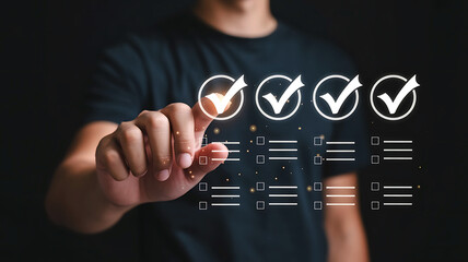 Person s hand touching a digital checklist with four completed tasks and progress indicators on a dark background