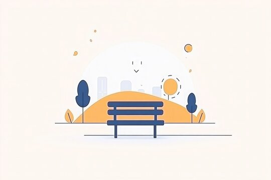 Minimalist park bench illustration with sun rays, blue and yellow palette, white background, city skyline in distance