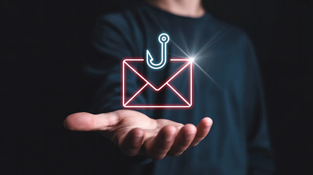 Digital phishing attack concept with a glowing email icon and fishing hook hovering over a person s open hand - Powered by Adobe