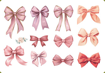 Set of vector illustration of decorative bows in pink and red shades, isolated on a white background, elegant style for celebration and decoration