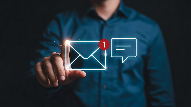 Man s hand touching a glowing digital envelope icon with a notification badge and chat bubble