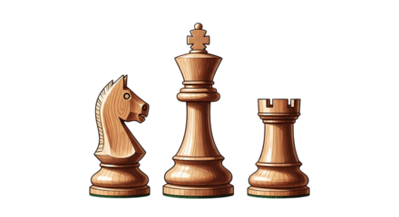 Wooden chess pieces knight king and rook isolated on transparent background
