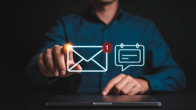 Person s hand interacting with digital icons of email notification and calendar event on a dark background
